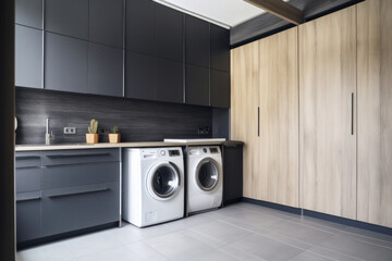 Contemporary laundry room with modern appliances including washer and dryer set, AI Generative. - obrazy, fototapety, plakaty