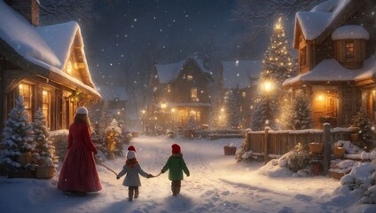 Santa Claus in the night parent and child in Christmas winter - obrazy, fototapety, plakaty