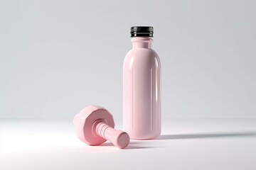 3D rendering of a plastic bottle and dumbbells on a white background. Generative AI