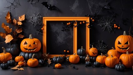 Halloween frame with pumpkin, bats, spiderman