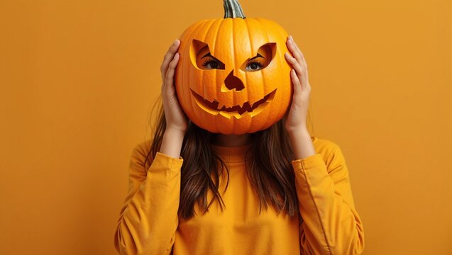 Halloween Yellow color theme, girl holding pimpkin