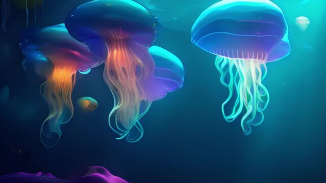 Delve into a psychedelic underwater wonderland, where vibrant jellyfish pulsate with living colors, creating a feast for the senses. Surreal psychedelic