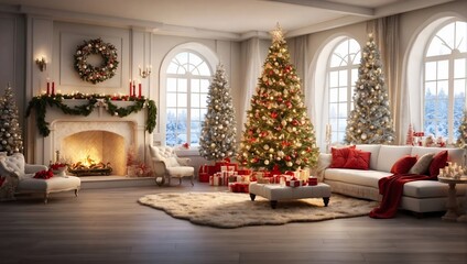 fireplace with Christmas tree and Christmas decorations - obrazy, fototapety, plakaty