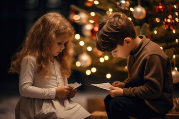 Obraz na płótnie Canvas Amidst holiday joy, a boy and a girl write Santa letters on Gift Registry Day.