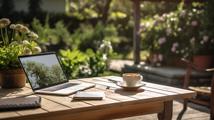laptop and cup of tea on wooden table with sunlight and sunlight.