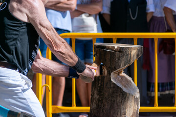 image of a fibered person cutting a log with an axe by hand during a competition exhibition in the...