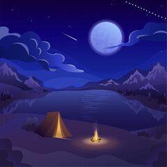 flat vector illustration of night rest, camping, night sky, moon, moonlight on water, mountain lake, starry sky, camping tent, campfire, shooting star, comet, mountains