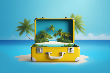 sea ​​travel concept, tropical island in a yellow suitcase on tropic and sea background