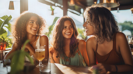 Un groupe de filles en train de boire un verre dans un bar après les cours les cours.