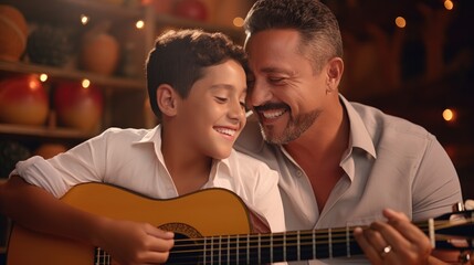 Father living with his son playing guitar