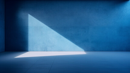 Interior of a blue pastel painted empty room, with soft warm light coming in from a window, abstract background with room for copy. 