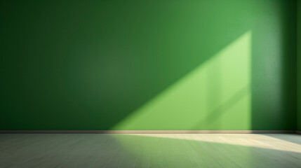 Interior mockup of a green pastel painted empty room, with soft warm light coming in from a window, abstract background with room for copy. 