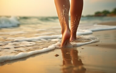 Closeup back view photograph woman legs walking barefoot along a beautiful beach.