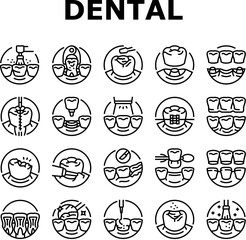 dental procedure clinic icons set vector. dentistry doctor, dentist implant, care tooth, health oral, treatment, medical dental procedure clinic black contour illustrations