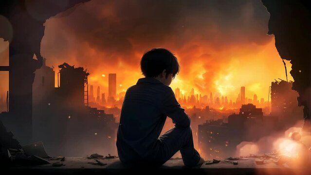 A boy sitting on the edge of building looking at the city on fire after war, seamless looping video animated background	