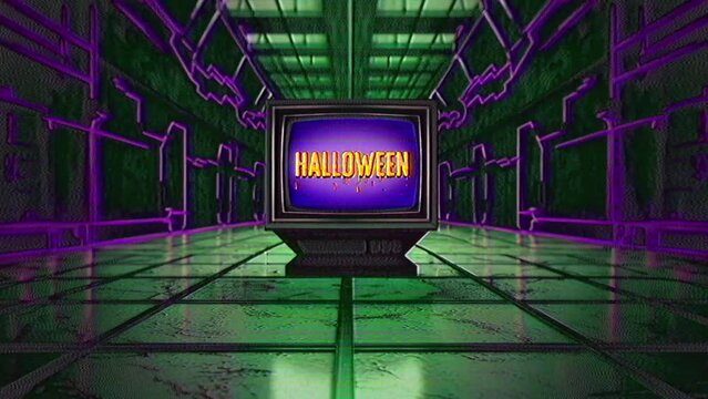 Retro vintage tv, halloween text on the screen, television with a VHS glitches, noise, interference, mystery room.