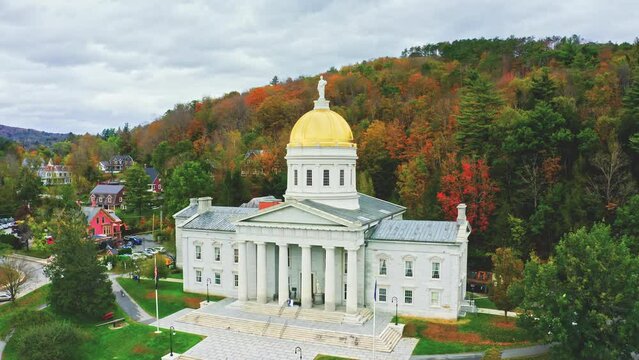 Aerial establishing shot of Vermont State House, in Montpelier, VT with slow camera rotation. The capitol is the seat of the Vermont General Assembly.