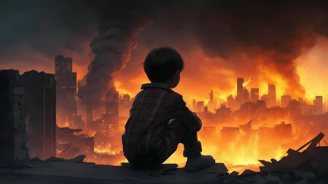 A boy sitting on the edge of building looking at the city on fire after war, seamless looping video animated background	