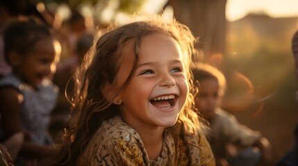 Sunlit Joy: Cheerful Child Smiling with Sunlight Background