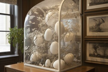 An artwork displaying a botanical with eggs encased in its protective coverings. Generative AI