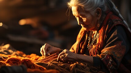 Modern Traditional Heritage Craft, Close-Up of Elderly Indian Woman Knitting Traditional Fabric in Afternoon Light - Embracing Art and Cultural Heritage
