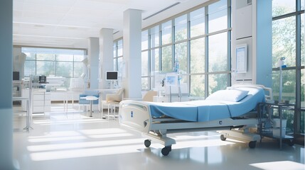 Fototapeta na wymiar Healing Light: Sunlit, Spotless Patient Room with Patient's Bed Awaiting its Next Guest in a Hospital