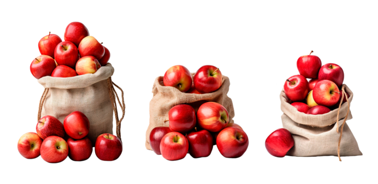 Set of three burlap bags full of red delicious apples over white transparent background