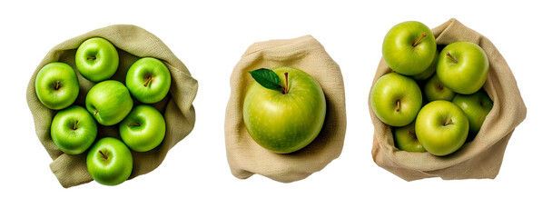 Layout of green apples in burlap bags over isolated transparent background