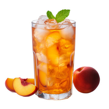 glass cup of peach iced tea isolated on white background, ai generated