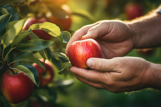 Hands picking red apples from tree in orchard. Close up shot