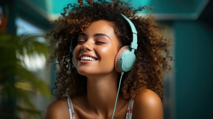 Modern and cool american woman listening music on headphones with smiley and happy attitude on...