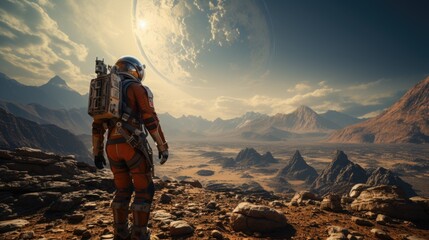 Back view of astronaut wearing space suit walking on a surface of a red planet