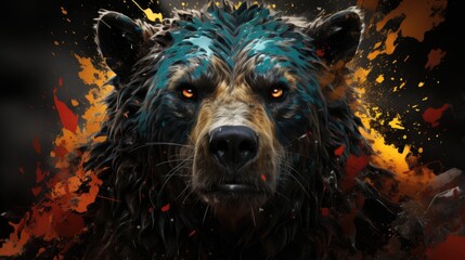 Colorful painting of a bear with creative abstract elements as background - obrazy, fototapety, plakaty