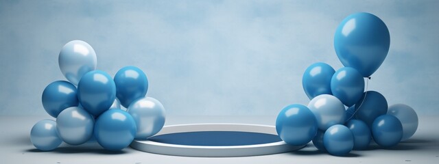 Blue 3D podium balloon background gift present stage product box platform birthday. Podium mockup 3D sale festive party template blue concept open scene white stand shop graphic display illustration.