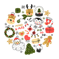 Christmas set with Santa, deer, gingerbread, Christmas elements for decoration, christmas doodle set, merry christmas doodle, christmas theme, christmas doodles, new year, santa claus, bear in hat	