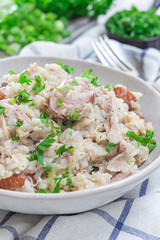 South Carolina chicken bog dish with smocked sausages, in bowl, vertical