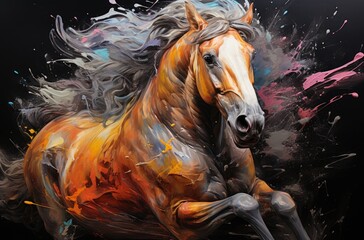Colorful painting of a horse with creative abstract elements as background