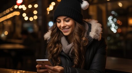 Photo of cheerful pretty lady enjoy phone conversation tell x-mas