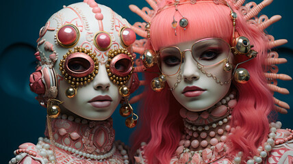 Two young girls with colorful masks on their faces, ready for an evening of fun. This moment reflects the concept of a masquerade and enjoying mysterious entertainment.