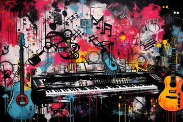 Wandaufkleber Image of a music collage on a wall adorned with graffiti art. Generative AI © Isadora