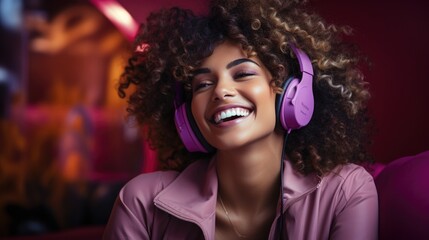 Modern and cool american woman listening music on headphones with smiley and happy attitude on trendy color background