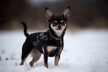 Happy chihuahua dog walking at snow winter
