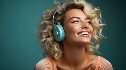 Modern and cool american woman listening music on headphones with smiley and happy attitude on trendy color background