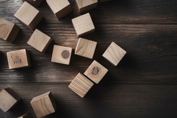 Creative minimal concept. Wooden cubes on wooden background. Studio shoot. Closeup view. Flat lay. Top view. Generative AI