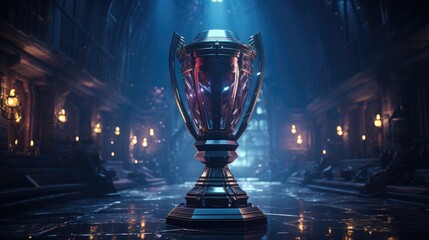 The esports winner trophy standing on the stage in the middle of the arena of the computer video game championship. Two rows of PCs for competing teams - obrazy, fototapety, plakaty