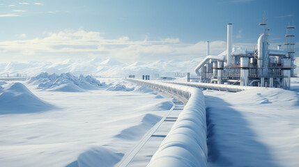 Arctic pipeline infrastructure, navigation through snow-laden terrain for efficient resource transportation. Industrial petrochemical transport system, gas and oil processing pipeline. Generative AI	