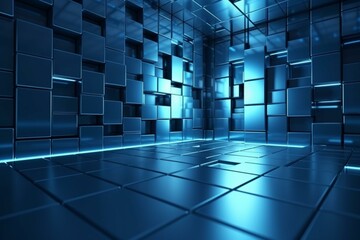 Futuristic polished blue tiled wall with 3D rectangular block background. Generative AI