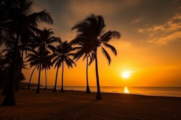 Fototapeta na wymiar beautiful sunset on beach with palm tree silhouettes. Generative AI