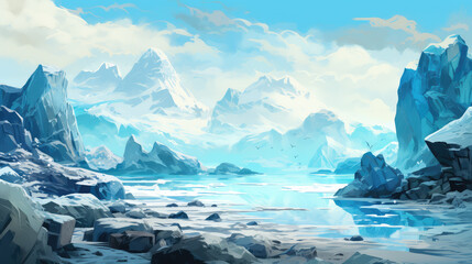 Illustration of beautiful glacier mountain peaks - obrazy, fototapety, plakaty