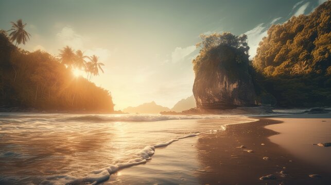 Stunning beach sunset scenery, AI generated
